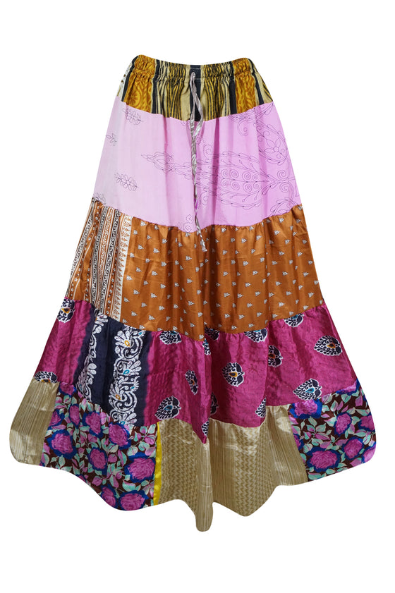 Womens Pink Floral Long Maxi Skirt Patchwork Boho Skirts S/M/L