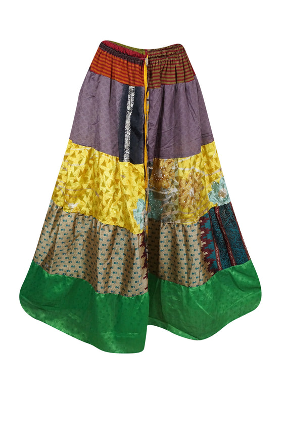 Summer Maxi Skirt in Yellow, Green Floral Patchwork Boho Style in S/M/L