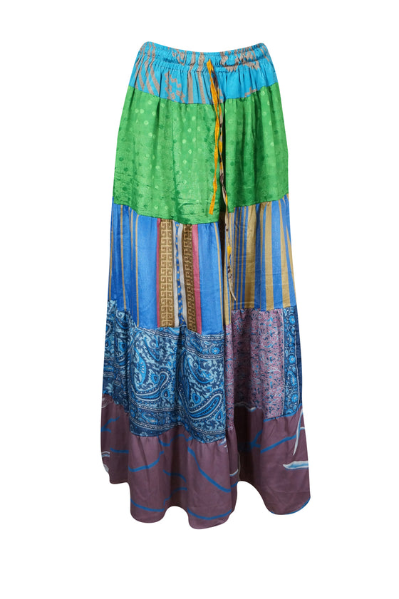 Womens Boho Maxi Skirt Blue Green Patchwork Beach Skirts S/M/L