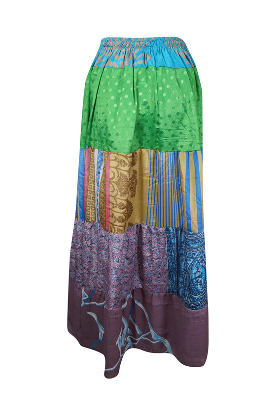 Womens Boho Maxi Skirt Blue Green Patchwork Beach Skirts S/M/L