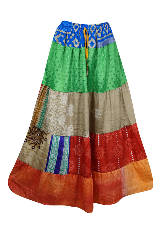 Womens Maxi Skirt Green, Red Patchwork Beach cover up Skirts S/M/L