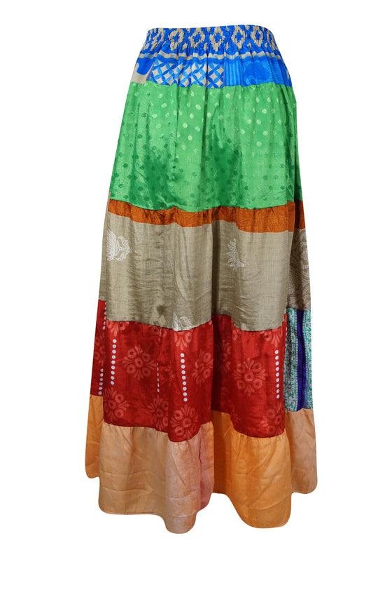 Womens Boho Maxi Skirt Green Red Patchwork Beach Skirts S/M/L