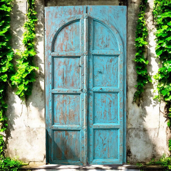 Antique Arched Door Hand Carved Teak Wood Blue Garden Doors 87x46