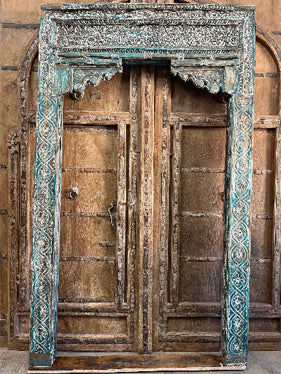 Antique Arch from India, Blue Carved Teak Scalloped Archway, Vintage Doorway