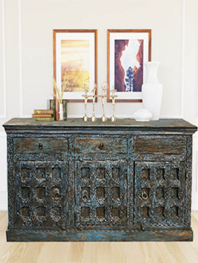 Haveli Blue Credenza, Carved Farmhouse Sideboard, Vintage Storage Chest