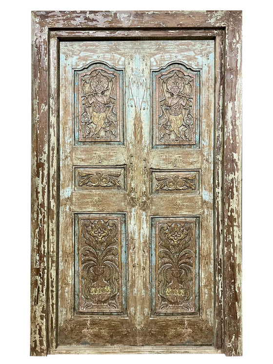 Antique Indian Carved Double Door with Frame Vintage Door 85x52