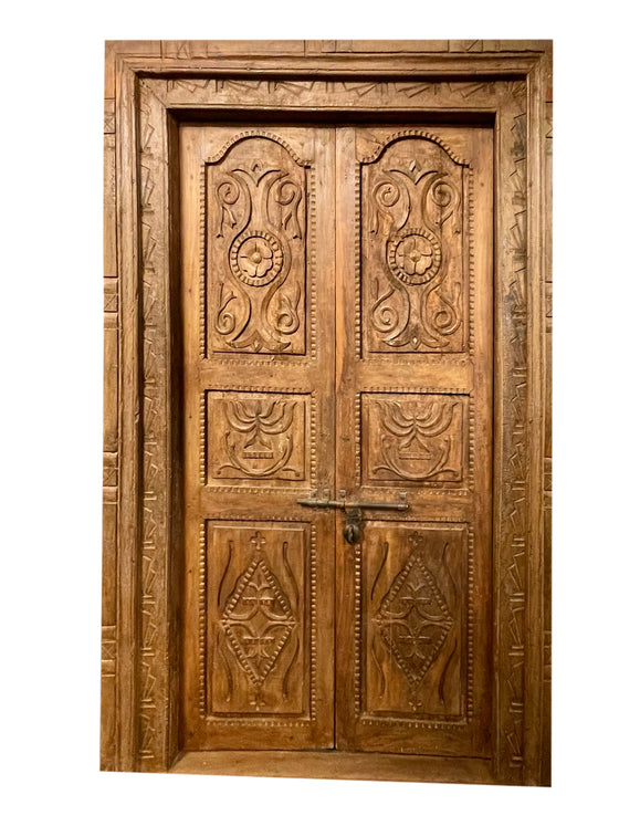 Haveli Antique Indian Doors with Frame, Rustic Teak Doors, 82x53