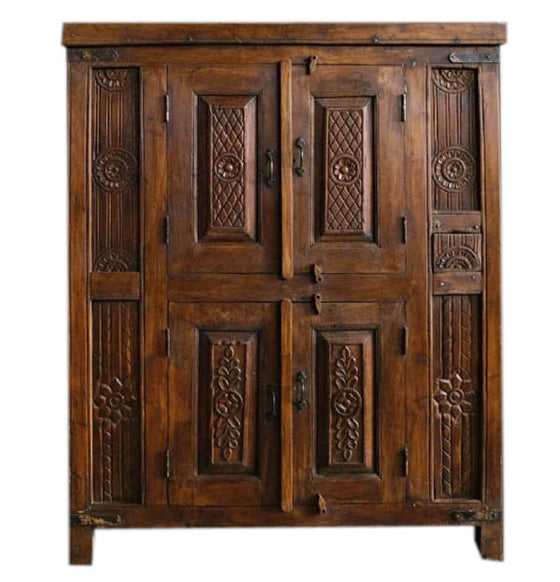 Antique Teak Armoire Hand carved Rustic 4 Door Storage Chest