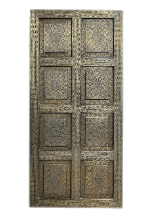 Vintage Carved Wood Sliding Barn Door Brass Claded Old Artistic Door 80x36