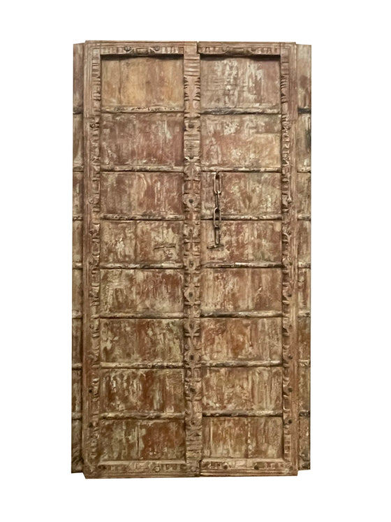 Antique Indian Front Door Distressed Brown Teak Wood Carved Entrance Doors 84x44