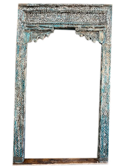 Antique Arch from India Blue Carved Teak Scalloped Archway Vintage Doorway, 99