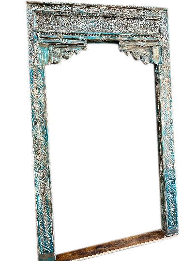 Antique Arch from India Blue Carved Teak Scalloped Archway Vintage Doorway, 99