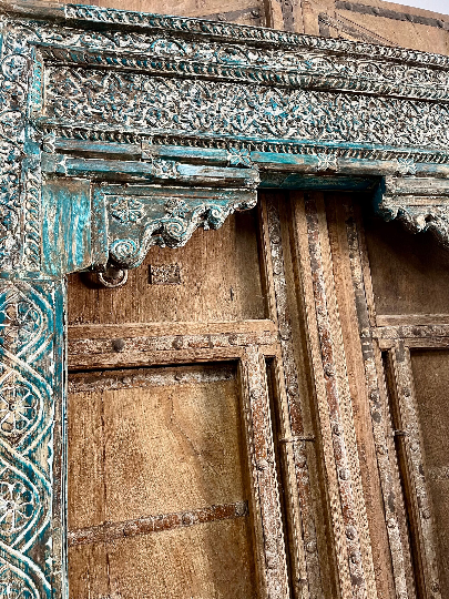 Antique Arch from India Blue Carved Teak Scalloped Archway Vintage Doorway, 99