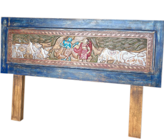 Krishna Carved Headboard, Vintage Indian Carving King Headboard