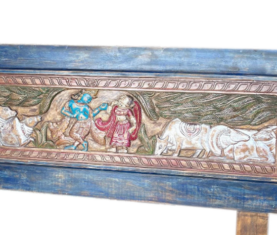 Krishna Carved Headboard, Vintage Indian Carving King Headboard