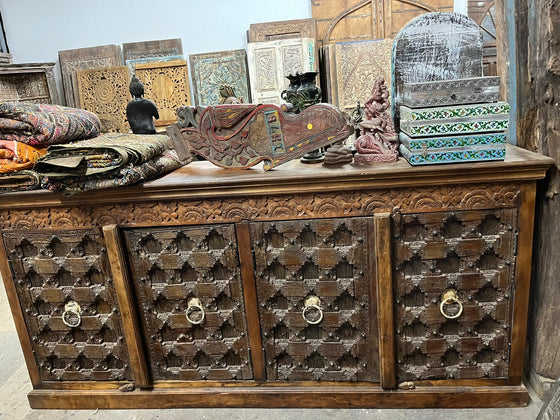 Antique Carved Sideboard Dark Wood Farmhouse Bar Credenza Buffet 86x39