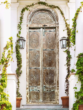 Antique Exterior Door Arched Rustic Teak White Carved Door 97x36