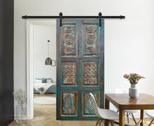  Vintage Carved Sliding Barn Door in Distressed Blue, Single Interior Door 80