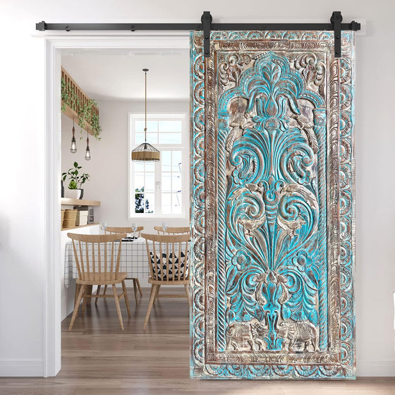 Artistic Carved Tree of Life Barn Door Blue Sliding Barndoor, 84