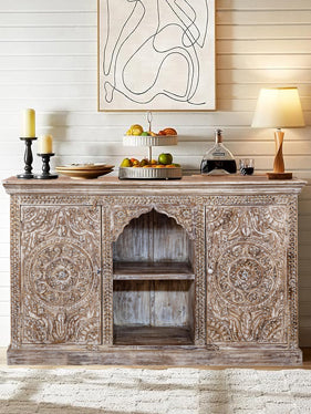 Arched Carved Sideboard Media Chest, Handcarved Whitewash Carved Chest