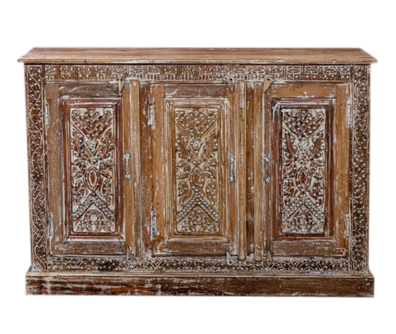 Whitewash Artisan Crafted Dresser Rustic Sideboard Carved Floral Buffet