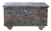 Vintage Blue Carved Pitara Trunk Coffee Table Wine Storage Box on Wheels