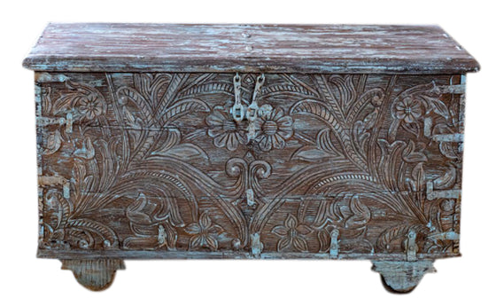 Vintage Blue Carved Pitara Trunk Coffee Table Wine Storage Box on Wheels