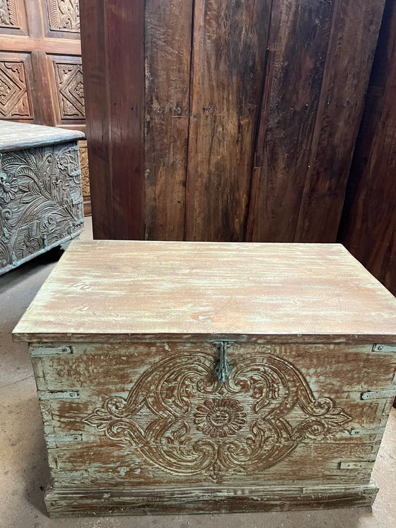 Antique Trunk Coffee Table Carved Vintage Blue Hope Chest 35x23