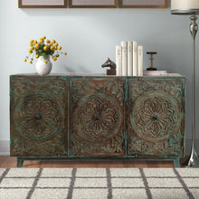  Antique Blue Sideboard Credenza Hand carved Floral Medallion TV Credenza 59