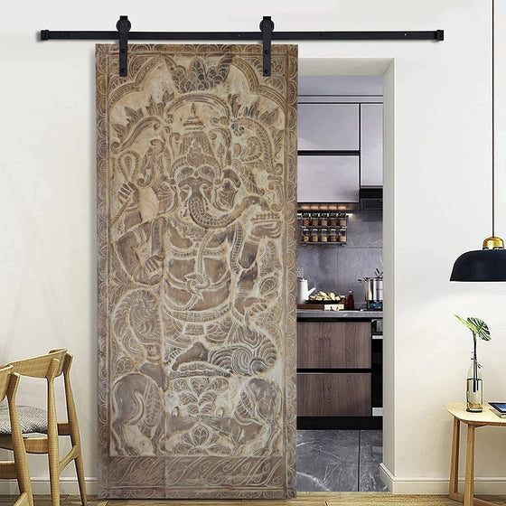 Blessing Ganesha Carved Wood Wall Decor Sliding Barn Door, 83x36