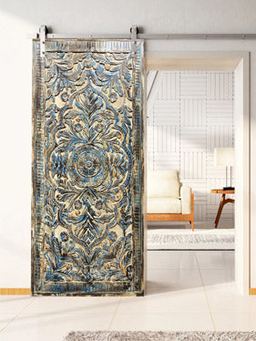 Nature Lotus Carved Double Doors King Headboard Vintage Sliding Barn Door 84