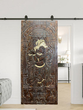 Vintage Fluting Krishna Carved door Custom Indian Door, Studio Wall Decor Art 83