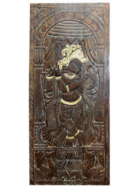 Vintage Fluting Krishna Carved door Custom Indian Door, Studio Wall Decor Art 83