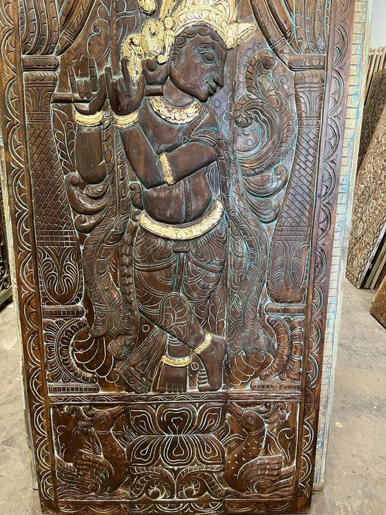 Vintage Fluting Krishna Carved door Custom Indian Door, Studio Wall Decor Art 83