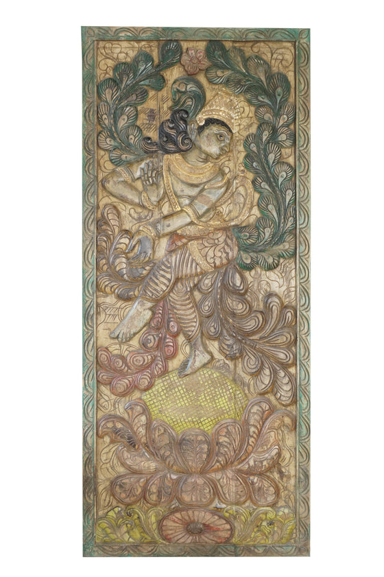 Dancing Krishna Indian Carved Wood Door Sliding Door, 83X36