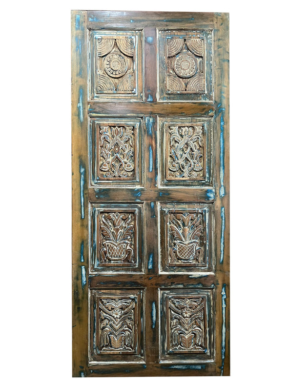 Vintage Blue Carved Wood Double Doors Sliding Barndoor 80