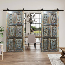  Vintage Carved Double Door Sliding Barn Door Blue Patina, 80x36