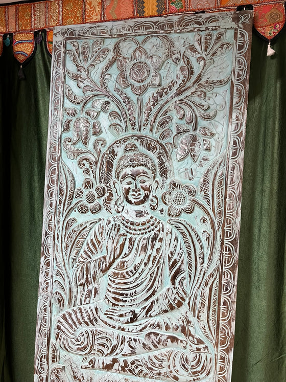 Blue Hand-Carved Wooden Vitarka Buddha Sliding Barn Door Wall Decor 83x36