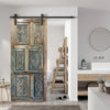 Sahara Blue Carved Wood Double Doors Vintage Sliding Barn Door, 80x36