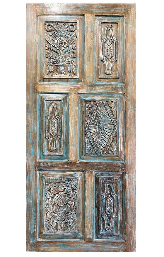 Sahara Blue Carved Wood Double Doors Vintage Sliding Barn Door, 80x36