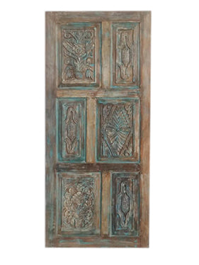 Sahara Blue Carved Wood Double Doors Vintage Sliding Barn Door, 80x36