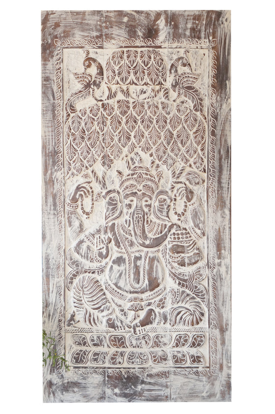 Blissful Ganesha Carved Sliding Barn Door Vintage Wood Wall Decor 84x41