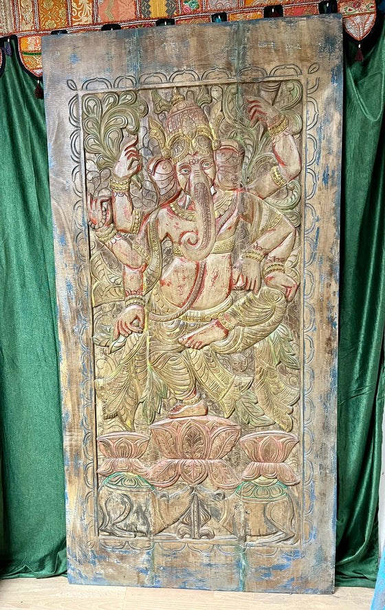 Vintage Carved Door Panel Dancing Ganesha Hindu Wall Art Decor Sliding Door 84x41