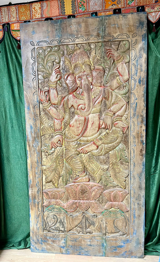 Vintage Carved Door Panel Dancing Ganesha Hindu Wall Art Decor Sliding Door 84x41