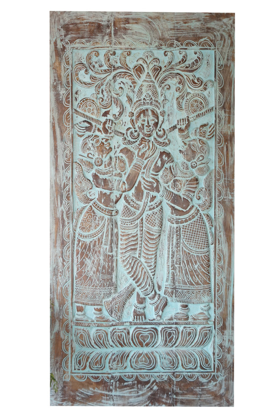 Bluewash Krishna Sculpture Vintage Wood Indian Art Wall Decor 84X41