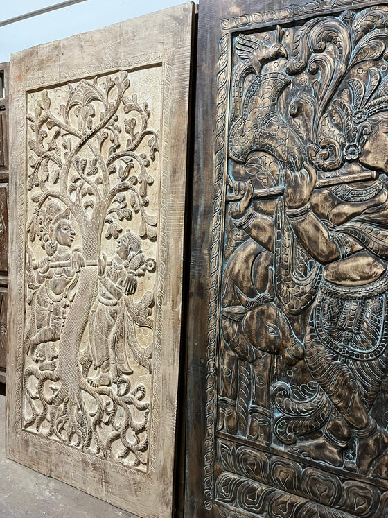 Hand-Carved Wooden Radha Krishna Barn Door Vintage Farmhouse Décor 84x41