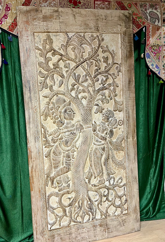 Hand-Carved Wooden Radha Krishna Barn Door Vintage Farmhouse Décor 84x41