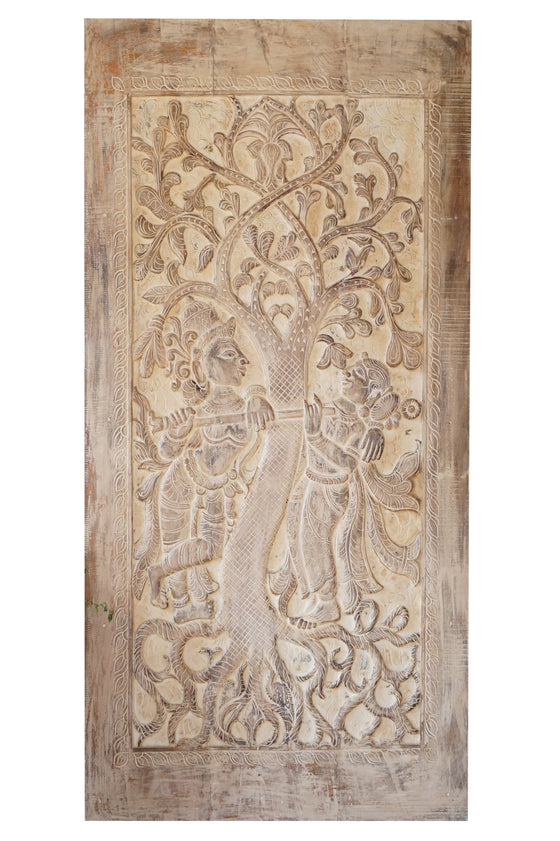 Vintage Radha Krishna Whitewashed Sliding Barn Door, 84x41