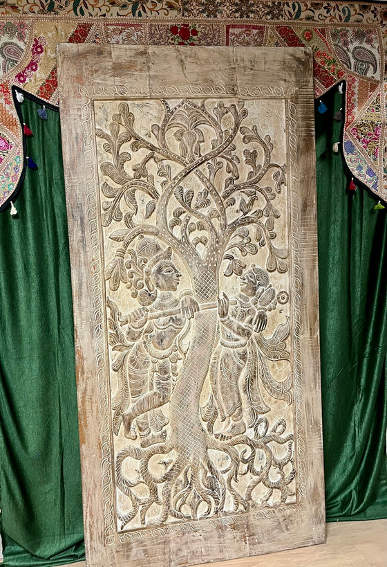 Hand-Carved Wooden Radha Krishna Barn Door Vintage Farmhouse Décor 84x41