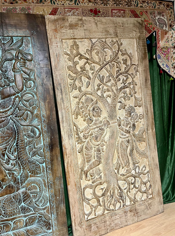 Hand-Carved Wooden Radha Krishna Barn Door Vintage Farmhouse Décor 84x41